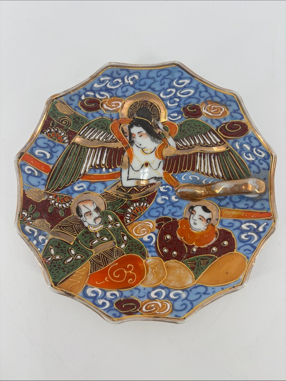 Vintage Japanese hand painted moriage handled nappy dish winged woman goddess